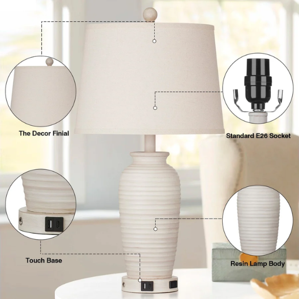 Set of two beige clay pot-style table lamps with white drum fabric shades, featuring touch control dimming, USB, Type-C, and AC charging ports