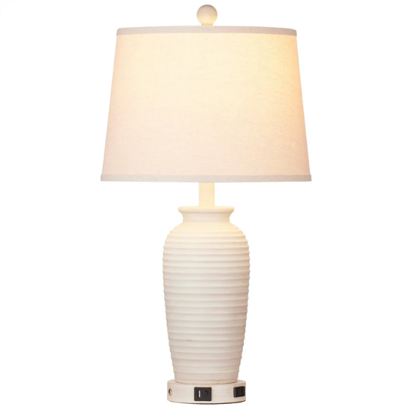 Set of two beige clay pot-style table lamps with white drum fabric shades, featuring touch control dimming, USB, Type-C, and AC charging ports