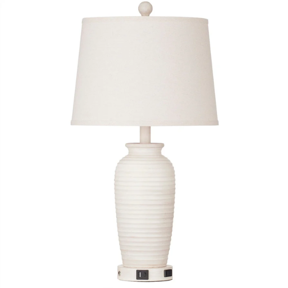 Set of two beige clay pot-style table lamps with white drum fabric shades, featuring touch control dimming, USB, Type-C, and AC charging ports