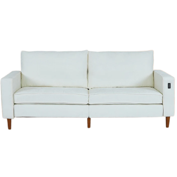 Beige chenille loveseat with tufted back, square arms, wooden legs, USB charging ports, and removable washable cushions—ideal for modern and transitional living spaces