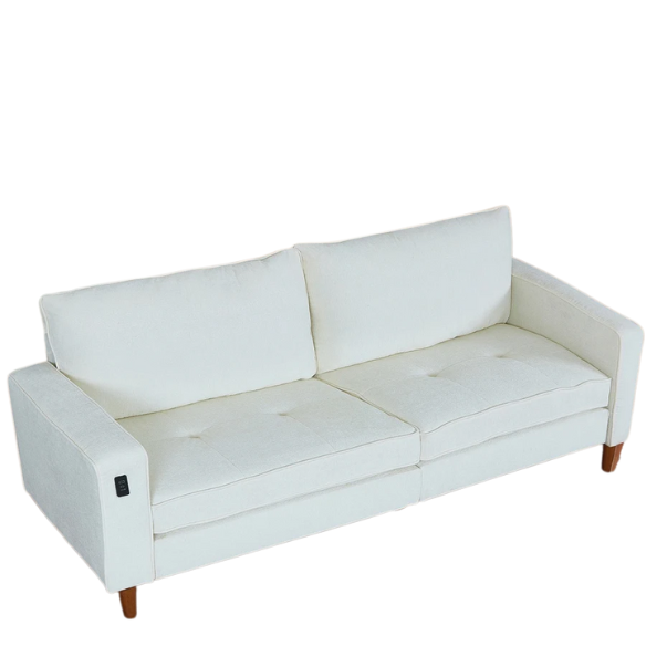 Beige chenille loveseat with tufted back, square arms, wooden legs, USB charging ports, and removable washable cushions—ideal for modern and transitional living spaces