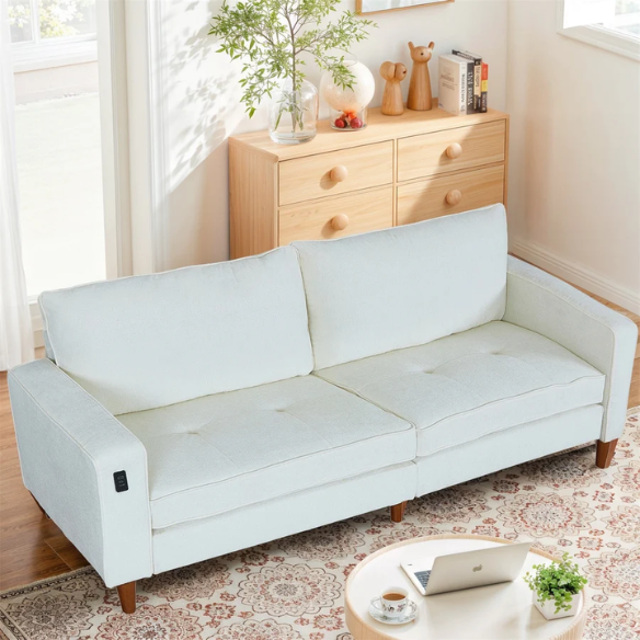 Beige chenille loveseat with tufted back, square arms, wooden legs, USB charging ports, and removable washable cushions—ideal for modern and transitional living spaces