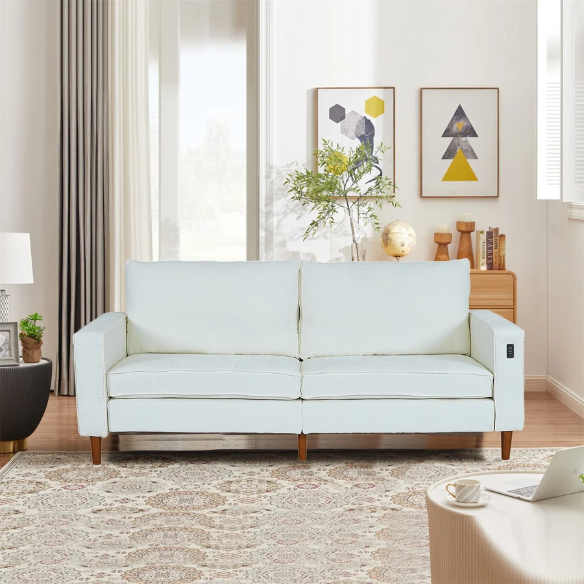 Beige chenille loveseat with tufted back, square arms, wooden legs, USB charging ports, and removable washable cushions—ideal for modern and transitional living spaces