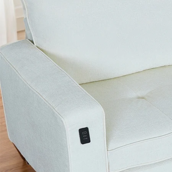 Beige chenille loveseat with tufted back, square arms, wooden legs, USB charging ports, and removable washable cushions—ideal for modern and transitional living spaces