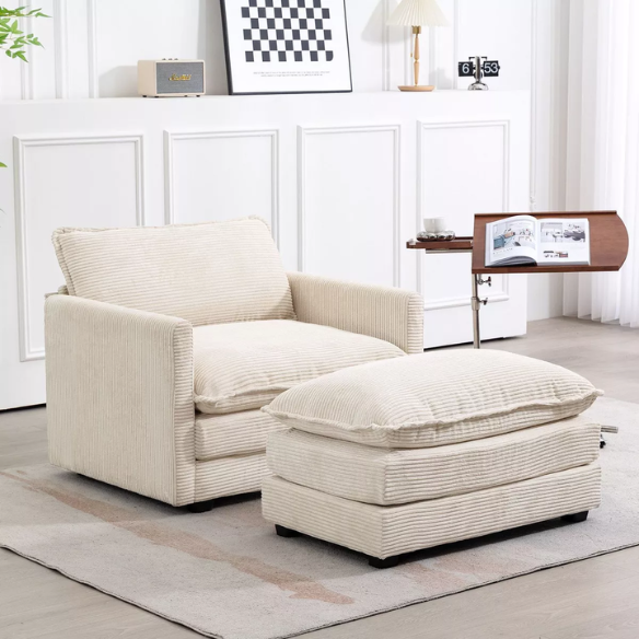 Beige corduroy accent chair with matching ottoman, featuring plush upholstery, durable wood and metal frame, and soft high-resilience foam cushions.