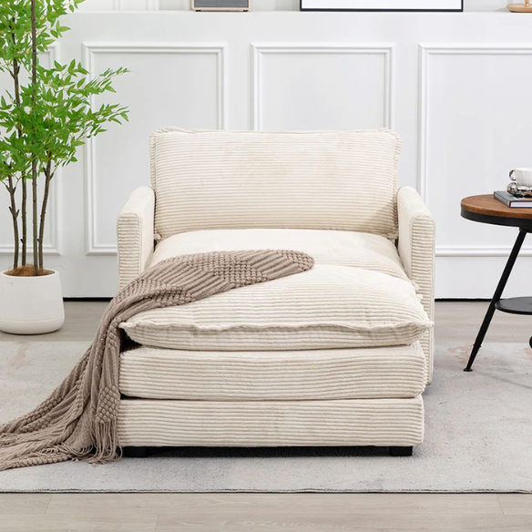 Beige corduroy accent chair with matching ottoman, featuring plush upholstery, durable wood and metal frame, and soft high-resilience foam cushions.