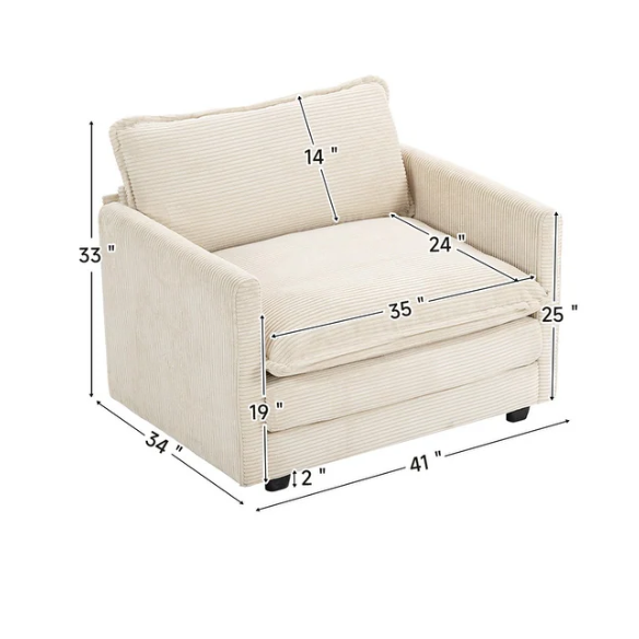 Beige corduroy accent chair with matching ottoman, featuring plush upholstery, durable wood and metal frame, and soft high-resilience foam cushions.