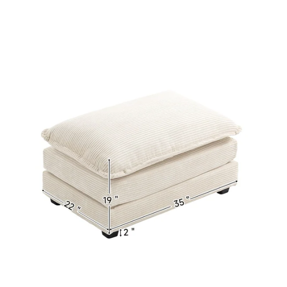 Beige corduroy accent chair with matching ottoman, featuring plush upholstery, durable wood and metal frame, and soft high-resilience foam cushions.