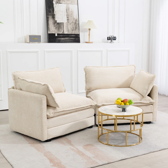 Beige corduroy loveseat sofa with modern design, plush upholstery, and two-person seating—ideal for small spaces, living rooms, or home offices.