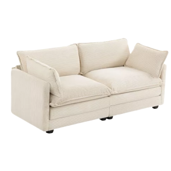 Beige corduroy loveseat sofa with modern design, plush upholstery, and two-person seating—ideal for small spaces, living rooms, or home offices.