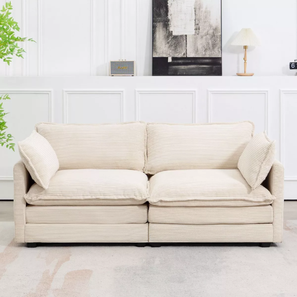 Beige corduroy loveseat sofa with modern design, plush upholstery, and two-person seating—ideal for small spaces, living rooms, or home offices.