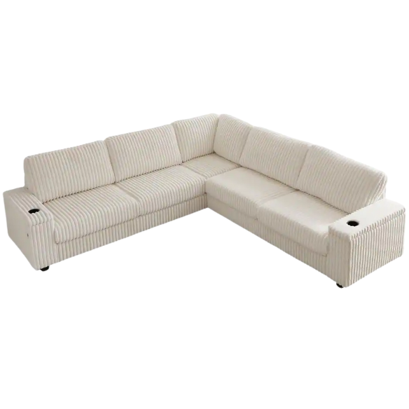 Beige corduroy modular sectional sofa with five seats, USB ports, armrest storage, built-in cup holders, and coordinating throw pillows