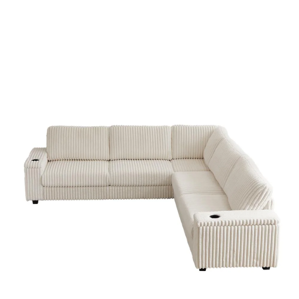 Beige corduroy modular sectional sofa with five seats, USB ports, armrest storage, built-in cup holders, and coordinating throw pillows