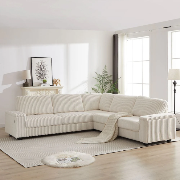 Beige corduroy modular sectional sofa with five seats, USB ports, armrest storage, built-in cup holders, and coordinating throw pillows