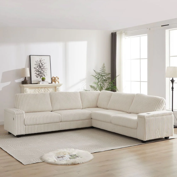 Beige corduroy modular sectional sofa with five seats, USB ports, armrest storage, built-in cup holders, and coordinating throw pillows