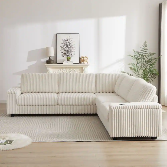 Beige corduroy modular sectional sofa with five seats, USB ports, armrest storage, built-in cup holders, and coordinating throw pillows