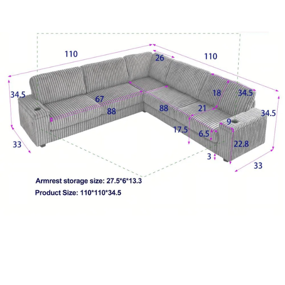 Beige corduroy modular sectional sofa with five seats, USB ports, armrest storage, built-in cup holders, and coordinating throw pillows