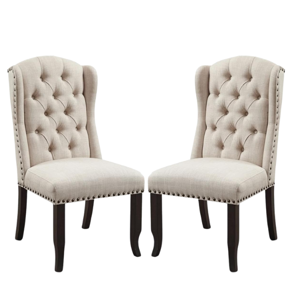 Set of two beige upholstered dining chairs with wingback design, button-tufted backrest, nailhead trim, and espresso-finished wooden legs
