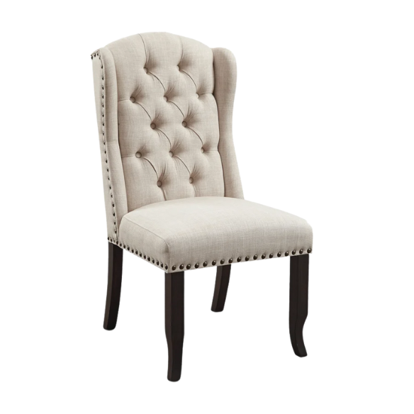 Set of two beige upholstered dining chairs with wingback design, button-tufted backrest, nailhead trim, and espresso-finished wooden legs