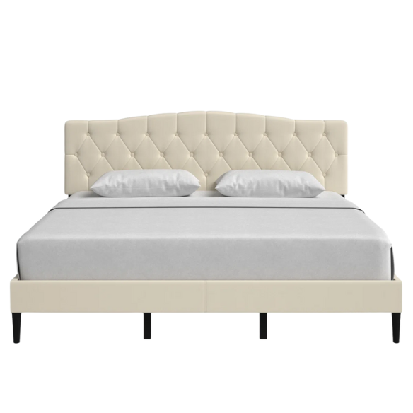 Beige king-size upholstered platform bed with camelback tufted headboard, foam padding, and low-profile wood frame with underbed clearance