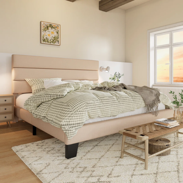Beige king-size upholstered platform bed with rectangular headboard, linen-blend fabric, and wood slat support