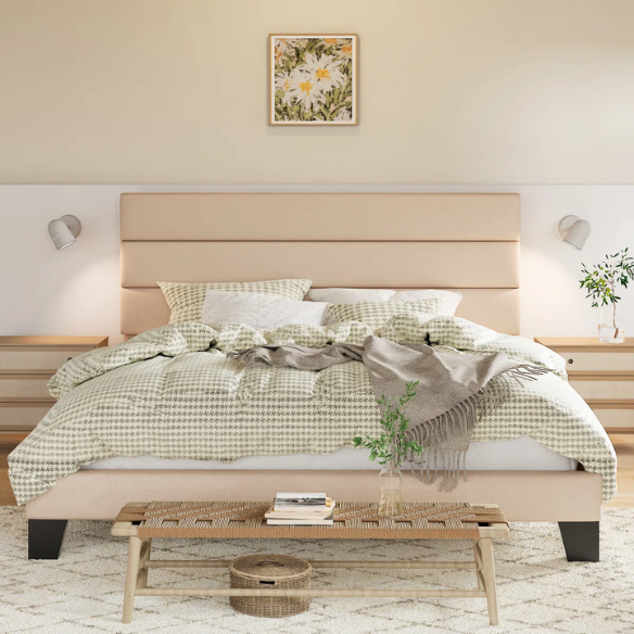 Beige king-size upholstered platform bed with rectangular headboard, linen-blend fabric, and wood slat support