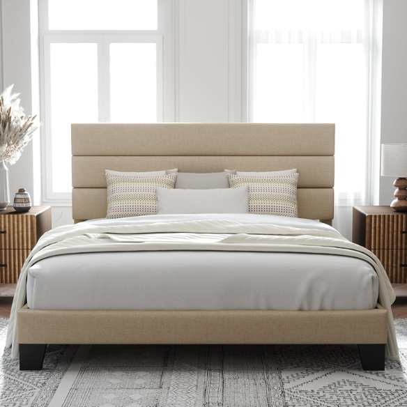 Beige king-size upholstered platform bed with rectangular headboard, linen-blend fabric, and wood slat support
