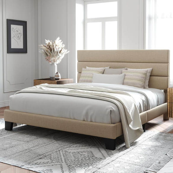 Beige king-size upholstered platform bed with rectangular headboard, linen-blend fabric, and wood slat support