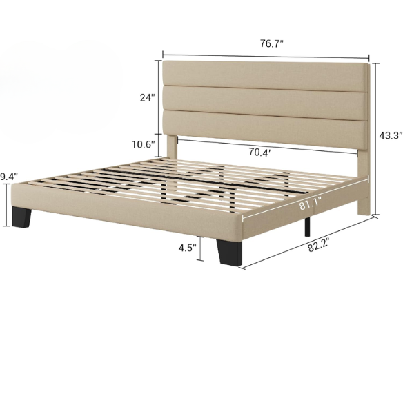 Beige king-size upholstered platform bed with rectangular headboard, linen-blend fabric, and wood slat support