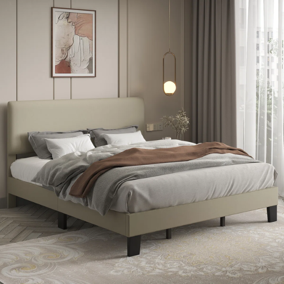 Beige king-size upholstered platform bed with adjustable linen headboard, underbed storage clearance, and padded frame for modern bedroom décor