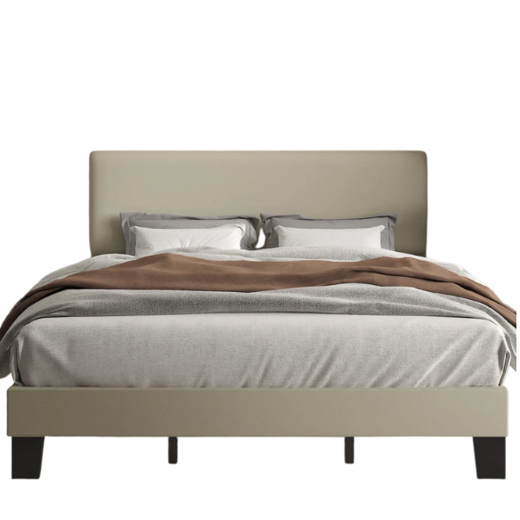 Beige king-size upholstered platform bed with adjustable linen headboard, underbed storage clearance, and padded frame for modern bedroom décor