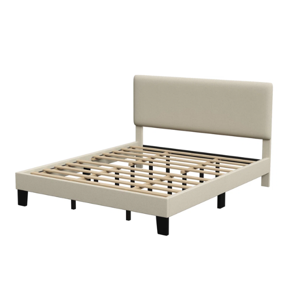 Beige king-size upholstered platform bed with adjustable linen headboard, underbed storage clearance, and padded frame for modern bedroom décor