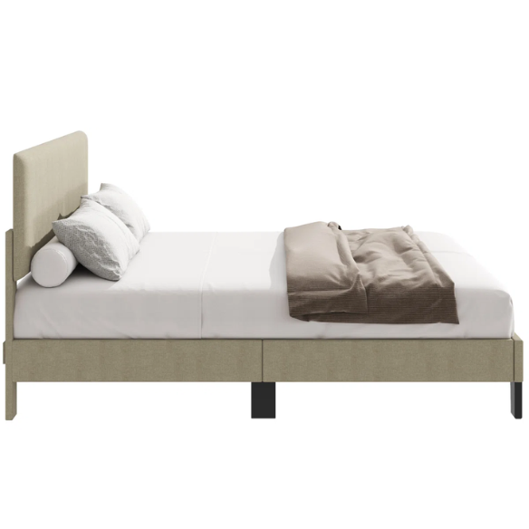 Beige king-size upholstered platform bed with adjustable linen headboard, underbed storage clearance, and padded frame for modern bedroom décor