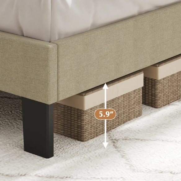 Beige king-size upholstered platform bed with adjustable linen headboard, underbed storage clearance, and padded frame for modern bedroom décor