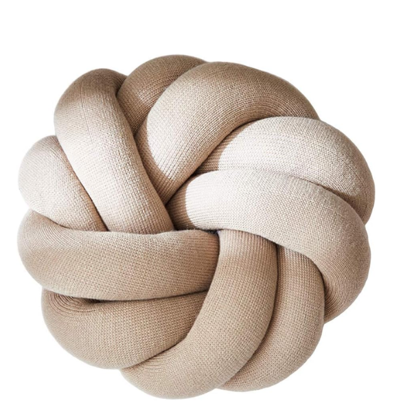 Beige handmade cotton knot throw pillow, round design, 30 cm diameter – soft plush decorative cushion for sofa, bed, chair, or car