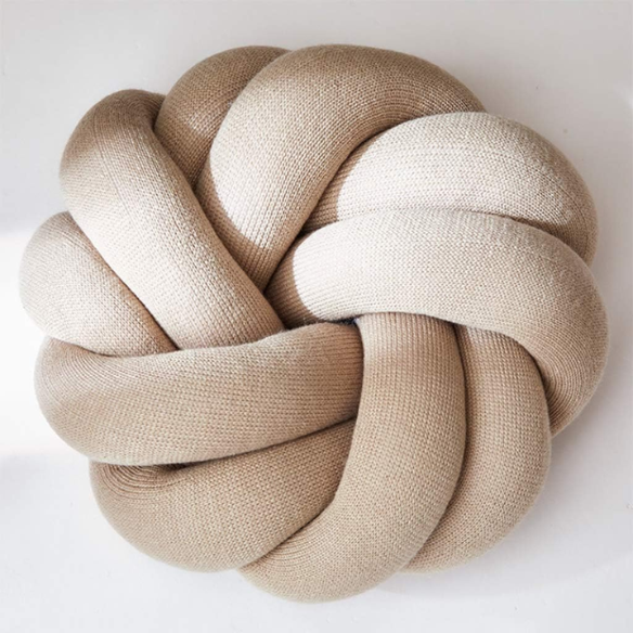 Beige handmade cotton knot throw pillow, round design, 30 cm diameter – soft plush decorative cushion for sofa, bed, chair, or car
