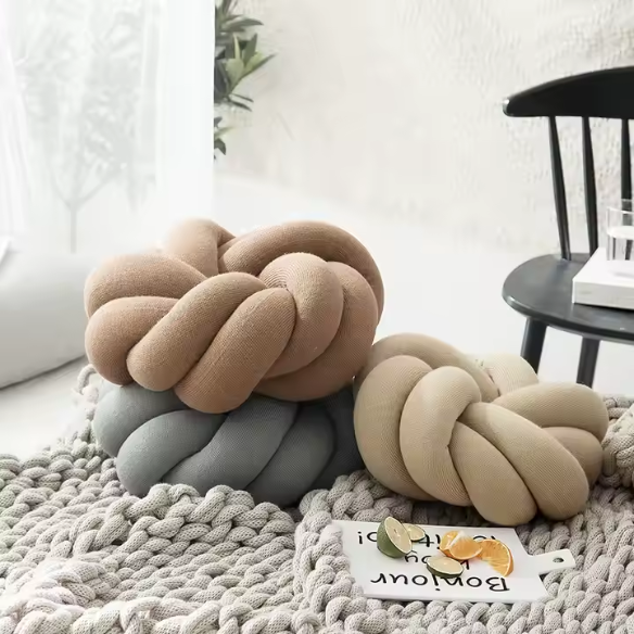 Beige handmade cotton knot throw pillow, round design, 30 cm diameter – soft plush decorative cushion for sofa, bed, chair, or car
