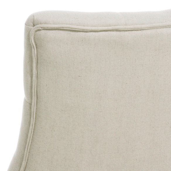 Set of four beige upholstered dining chairs featuring diamond tufting, armless design, sloped sides, and espresso brown wooden legs.
