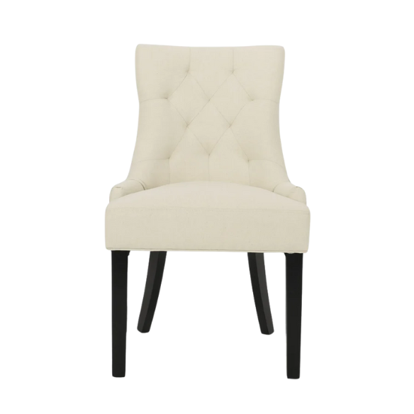Set of four beige upholstered dining chairs featuring diamond tufting, armless design, sloped sides, and espresso brown wooden legs.