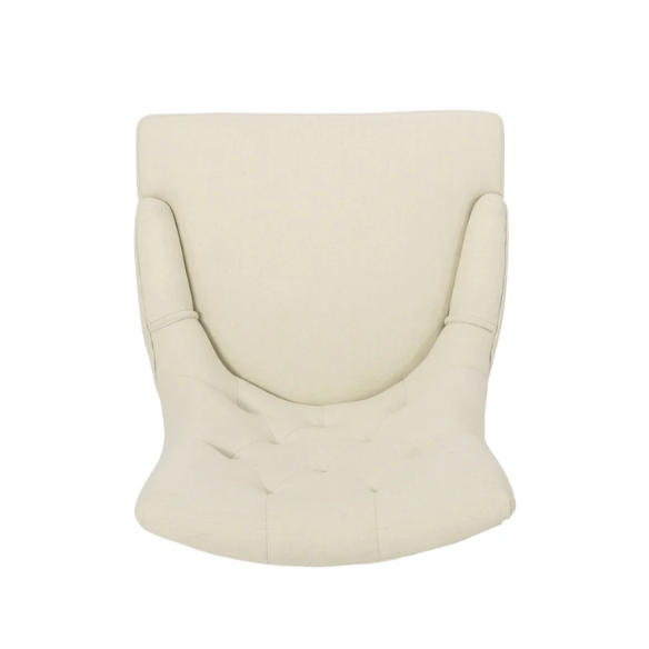 Set of four beige upholstered dining chairs featuring diamond tufting, armless design, sloped sides, and espresso brown wooden legs.