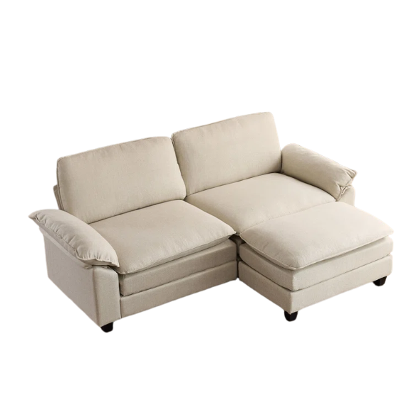 Beige modular cloud sofa with pillow top arms, deep foam cushions, and matching ottoman