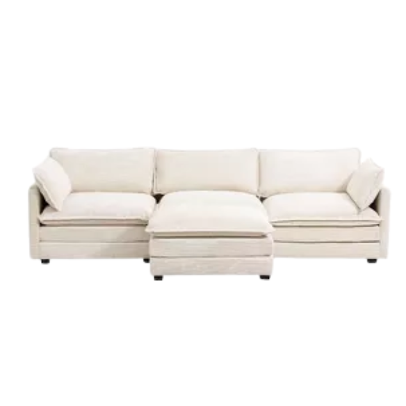 Beige three-seater modular corduroy sectional sofa with movable ottoman, modern L-shaped couch for living room, featuring plush cushions and durable wood-metal frame.