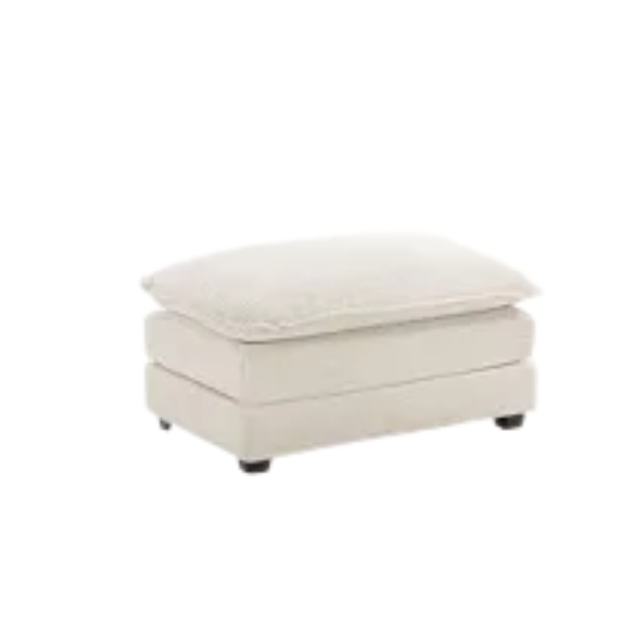 Beige three-seater modular corduroy sectional sofa with movable ottoman, modern L-shaped couch for living room, featuring plush cushions and durable wood-metal frame.