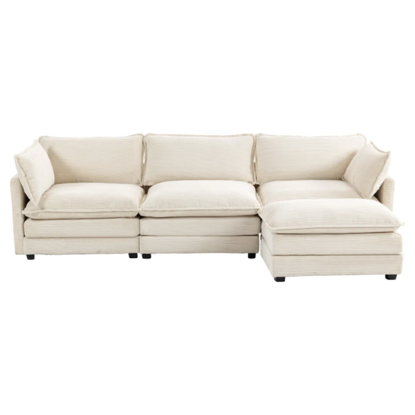 Beige three-seater modular corduroy sectional sofa with movable ottoman, modern L-shaped couch for living room, featuring plush cushions and durable wood-metal frame.