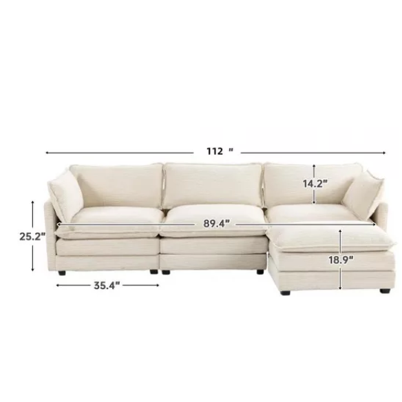Beige three-seater modular corduroy sectional sofa with movable ottoman, modern L-shaped couch for living room, featuring plush cushions and durable wood-metal frame.