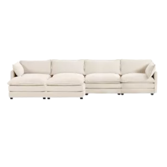 Beige corduroy 4-seat modular sectional sofa with two matching ottomans, featuring plush high-pile fabric, durable frame, and soft high-resilience cushions.