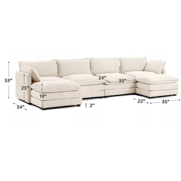 Beige corduroy 4-seat modular sectional sofa with two matching ottomans, featuring plush high-pile fabric, durable frame, and soft high-resilience cushions.