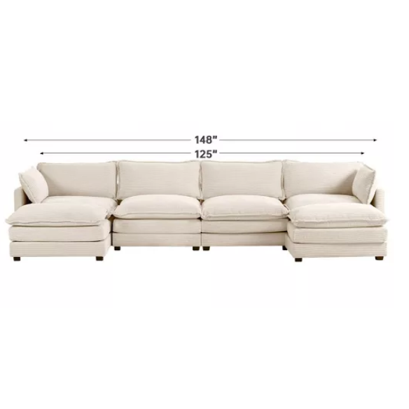 Beige corduroy 4-seat modular sectional sofa with two matching ottomans, featuring plush high-pile fabric, durable frame, and soft high-resilience cushions.