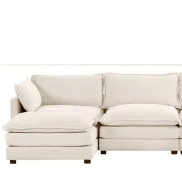 Beige corduroy 4-seat modular sectional sofa with two matching ottomans, featuring plush high-pile fabric, durable frame, and soft high-resilience cushions.
