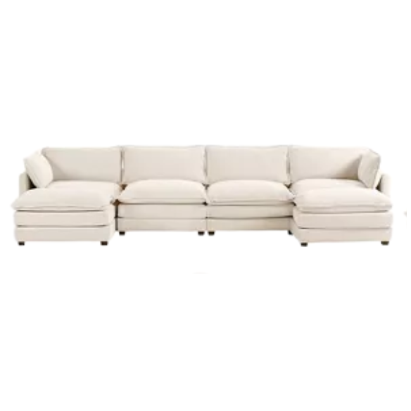 Beige corduroy 4-seat modular sectional sofa with two matching ottomans, featuring plush high-pile fabric, durable frame, and soft high-resilience cushions.
